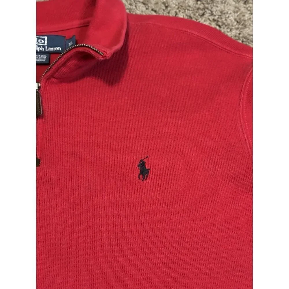 POLO RALPH LAUREN VTG Men Sweater Red Pony Quarter Zip Knit Sweatshirt Preppy XL